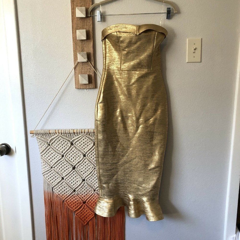Gold Strapless Metallic Midi Dress
